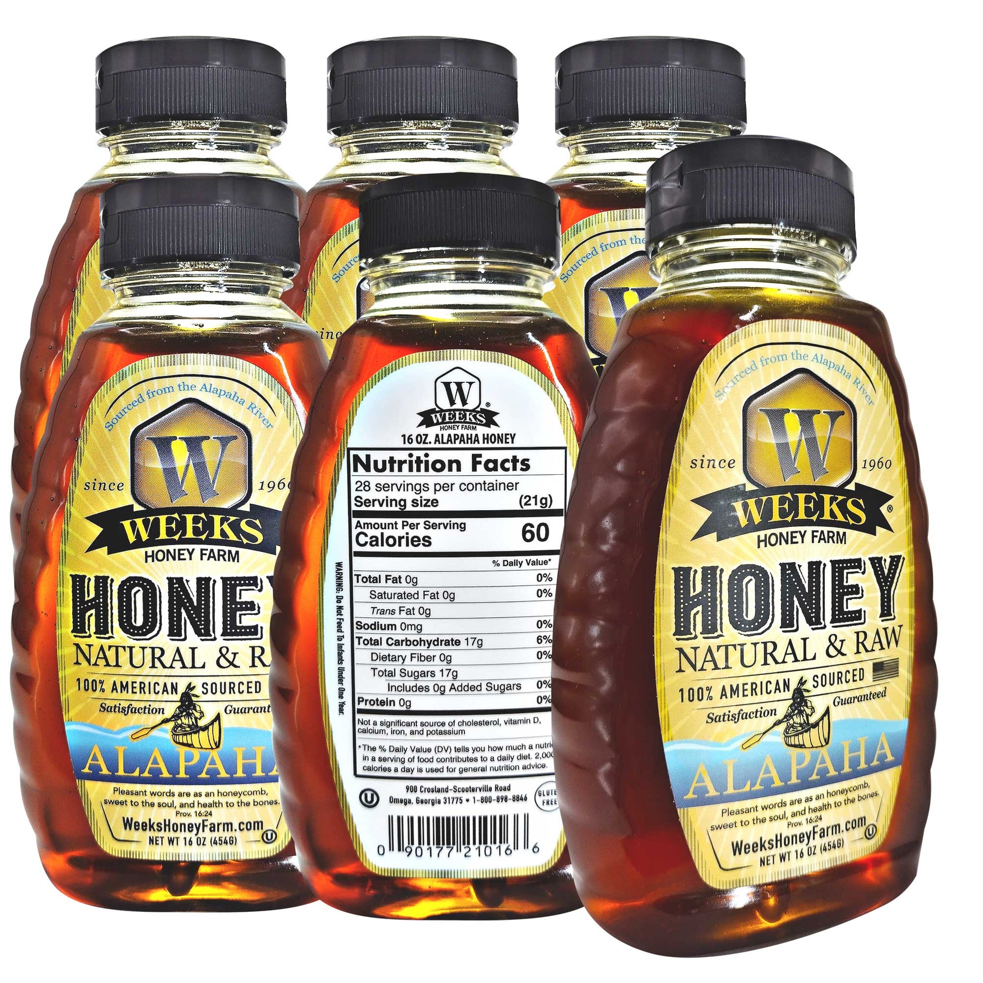 Raw Alapaha Honey from Weeks Honey Farm in a 16-ounce jar, showcasing golden, unfiltered wildflower honey with floral notes.