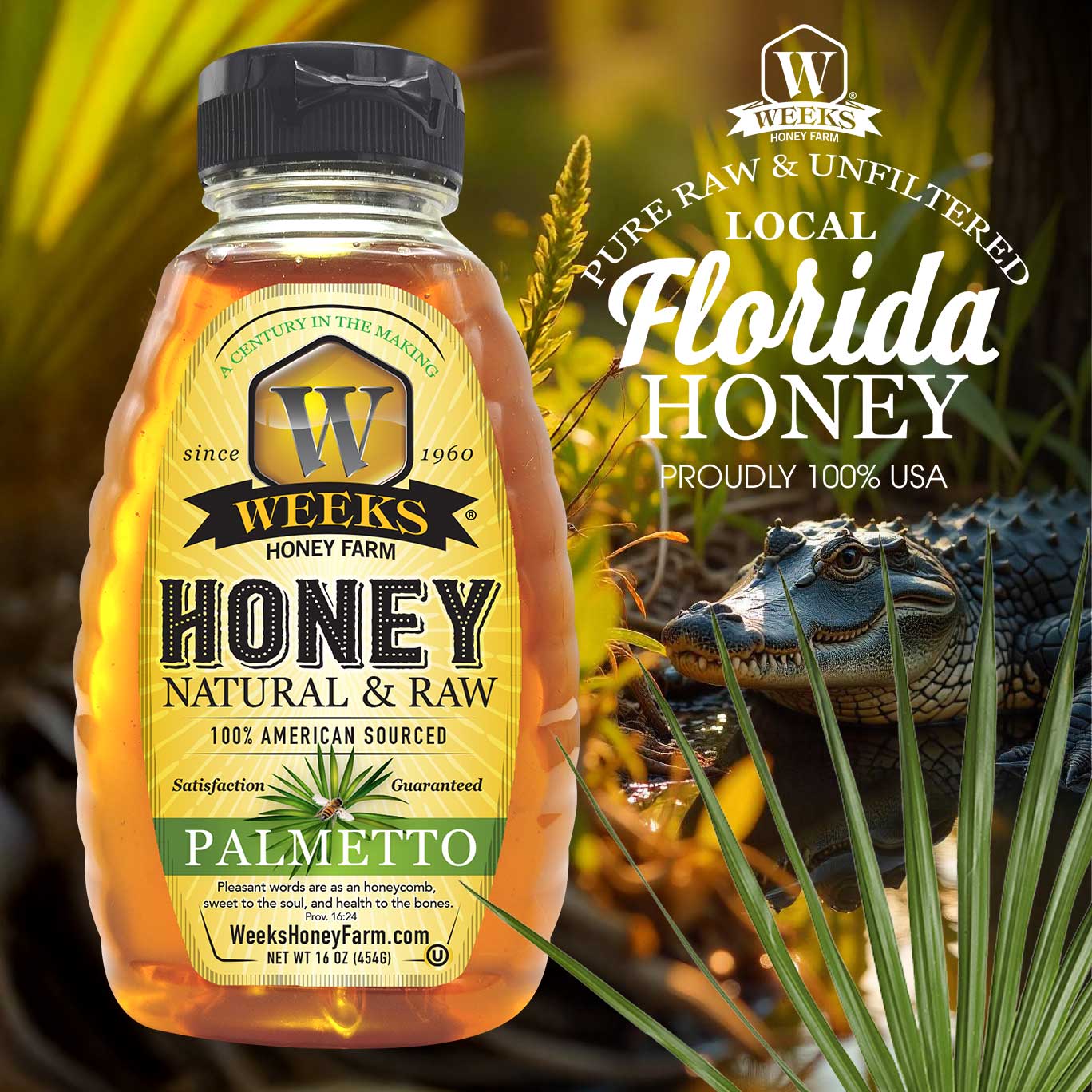 Weeks Pure Palmetto Honey from Weeks Honey Farm, 16 oz jar of raw, unfiltered honey with a golden amber color.