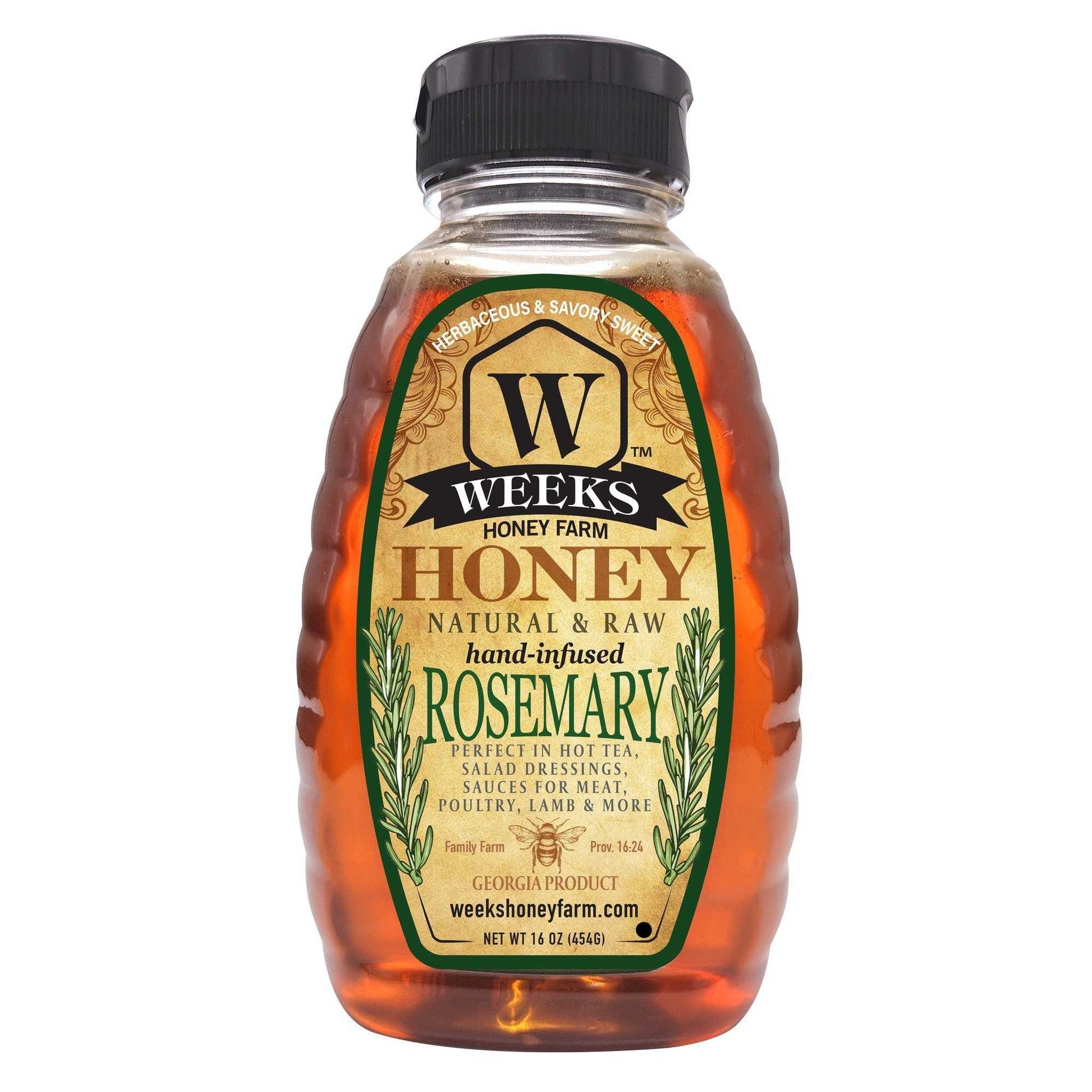 Hand-infused rosemary honey from Weeks Honey Farm, showcasing a jar of herbaceous honey ideal for teas and recipes.