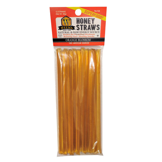 Raw honey straw from Weeks Honey Farm, orange blossom, wildflower, and raspberry honey in individual straw packs, natural and convenient.