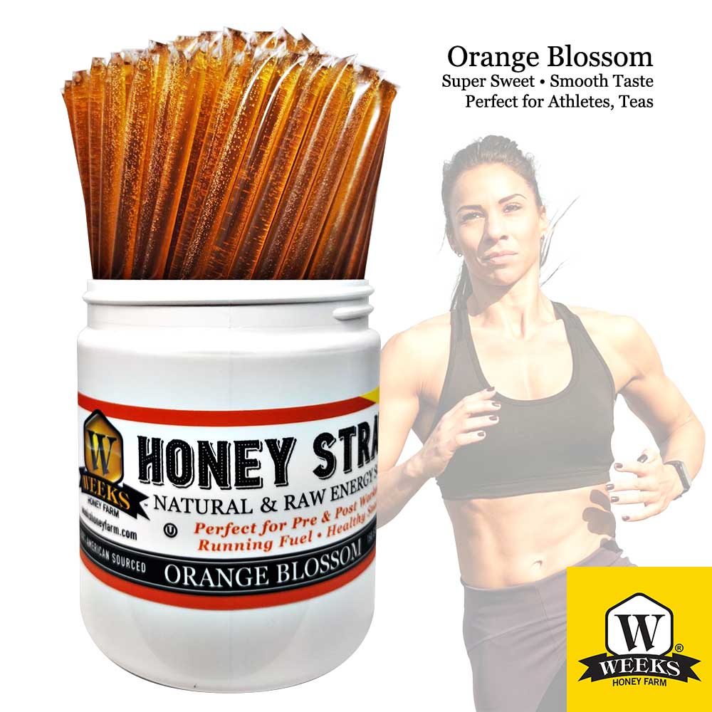 Raw honey straw from Weeks Honey Farm in orange blossom, wildflower, and raspberry flavors, in a 12-pack of convenient honey straws.