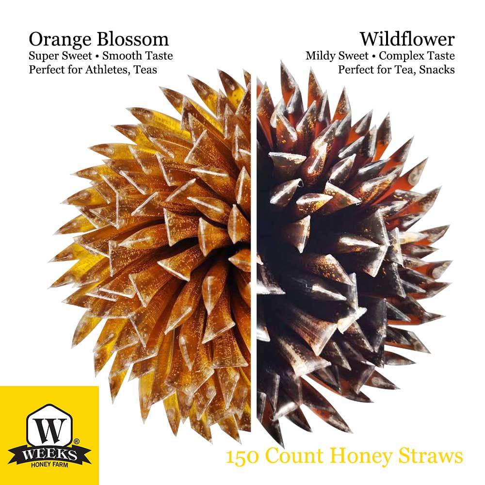 Raw honey straw from Weeks Honey Farm, orange blossom, wildflower, and raspberry flavors in a 12-pack of honey straws.