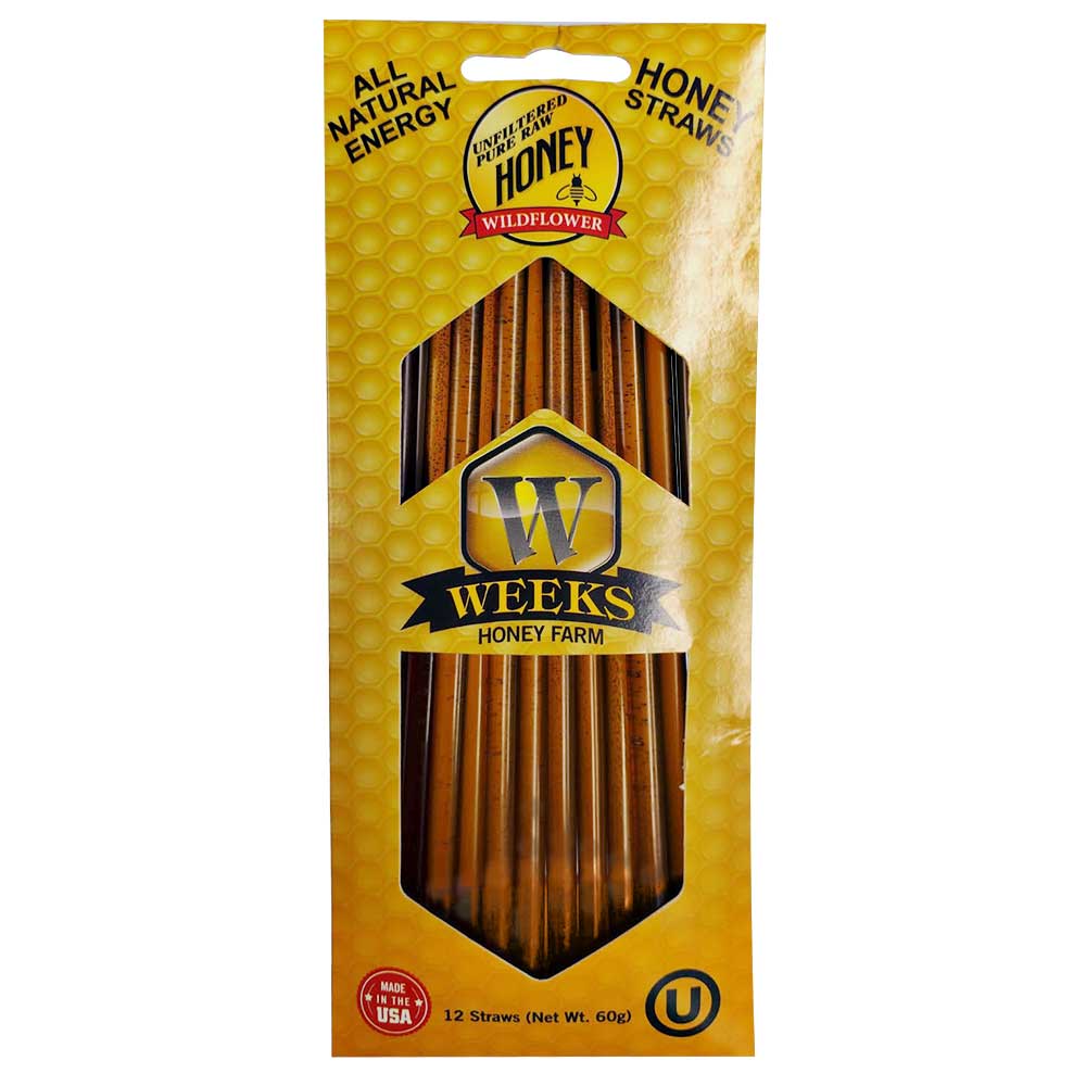 Raw honey straw from Weeks Honey Farm, orange blossom, wildflower, and raspberry flavors, shown in a 12-count pack.