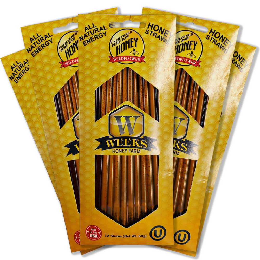Raw honey straw from Weeks Honey Farm with orange blossom, wildflower, and raspberry flavors, shown in a 12-count pack.