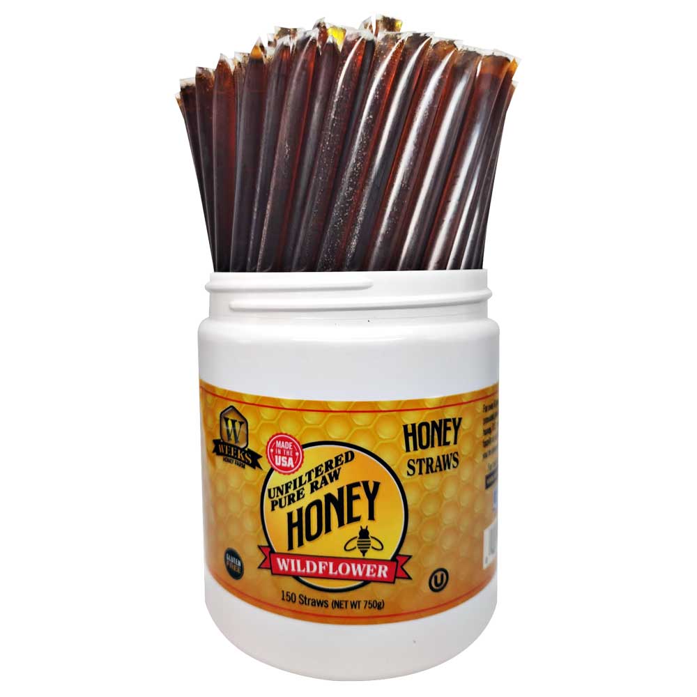 Raw honey straw from Weeks Honey Farm in orange blossom, wildflower, and raspberry flavors, shown in a 12-pack.
