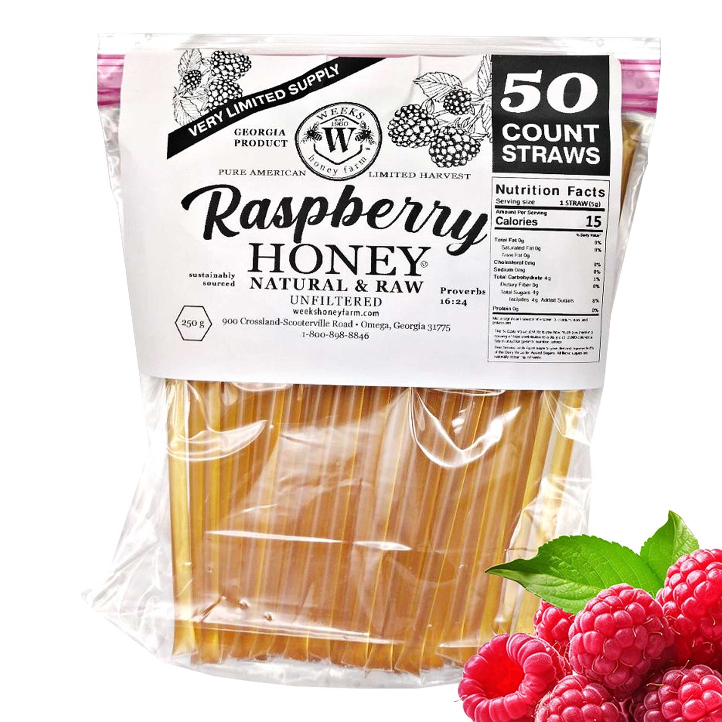 Raw honey straw from Weeks Honey Farm, featuring orange blossom, wildflower, and raspberry flavors in a 12-pack of honey straws.
