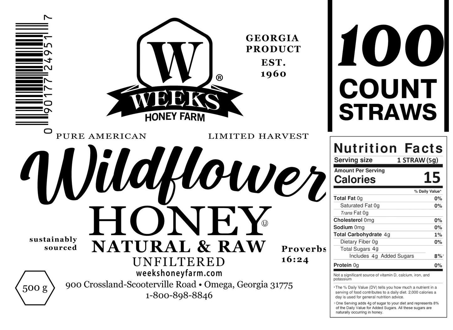 Raw honey straw from Weeks Honey Farm, orange blossom, wildflower, and raspberry honey, showing the honey-filled straw on a white background.