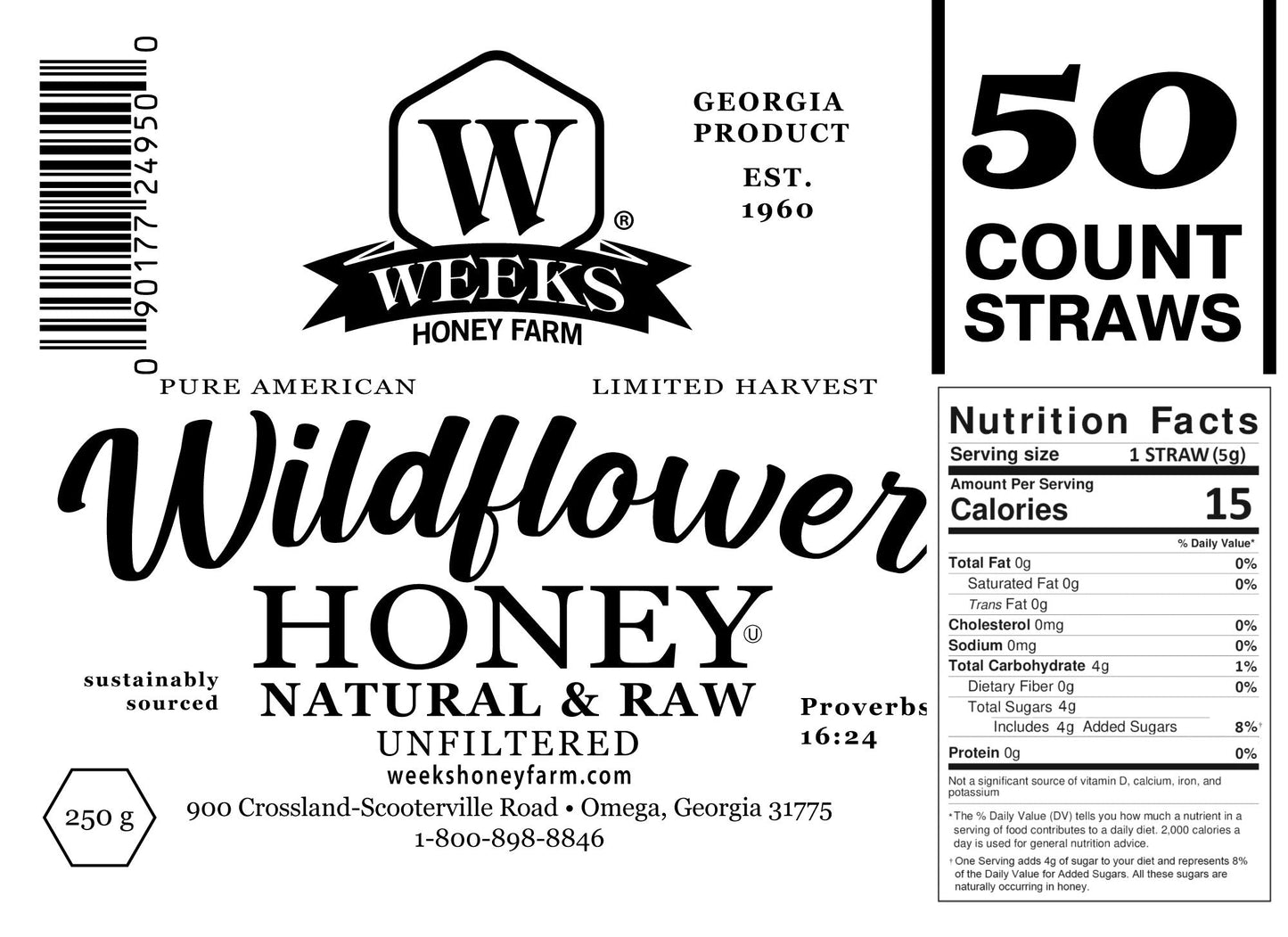 Raw honey straw from Weeks Honey Farm with orange blossom, wildflower, and raspberry flavors, shown in a 12-count package.