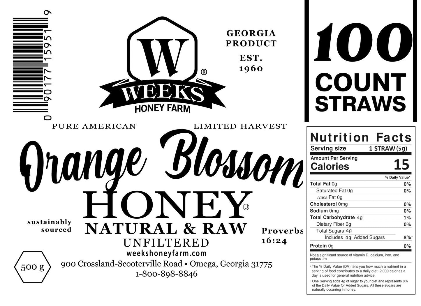 Raw honey straw from Weeks Honey Farm, orange blossom, wildflower, and raspberry flavors, shown in a 12-pack with honey-filled straws.