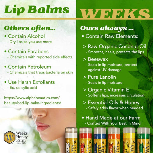 Weeks Honey Farm beeswax lip balm in coconut pie flavor, shown in single, twin pack, and case packaging.