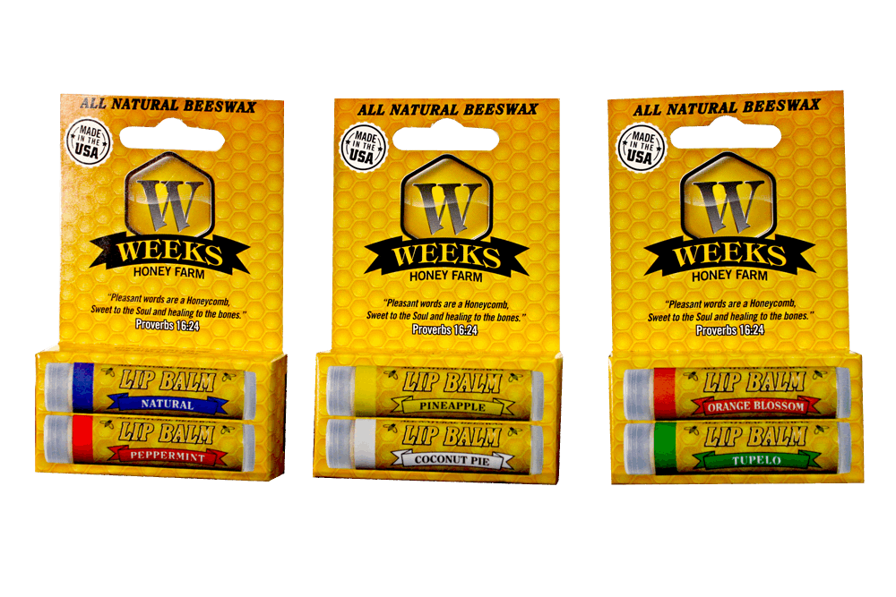 Weeks Honey Farm beeswax lip balm in coconut pie flavor, shown in single, twin pack, and case packaging.