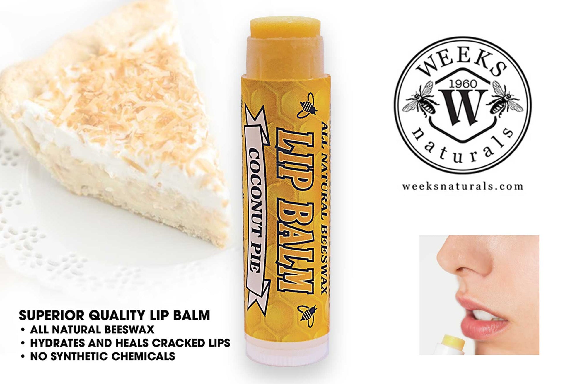 Weeks Honey Farm natural beeswax lip balm in coconut pie flavor, shown in single, twin pack, and case packaging.