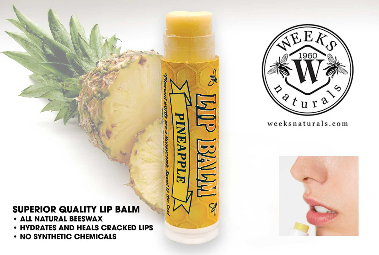 Weeks All Natural Beeswax Lip Balm in coconut pie flavor, displayed in single, twin pack, and case packaging.