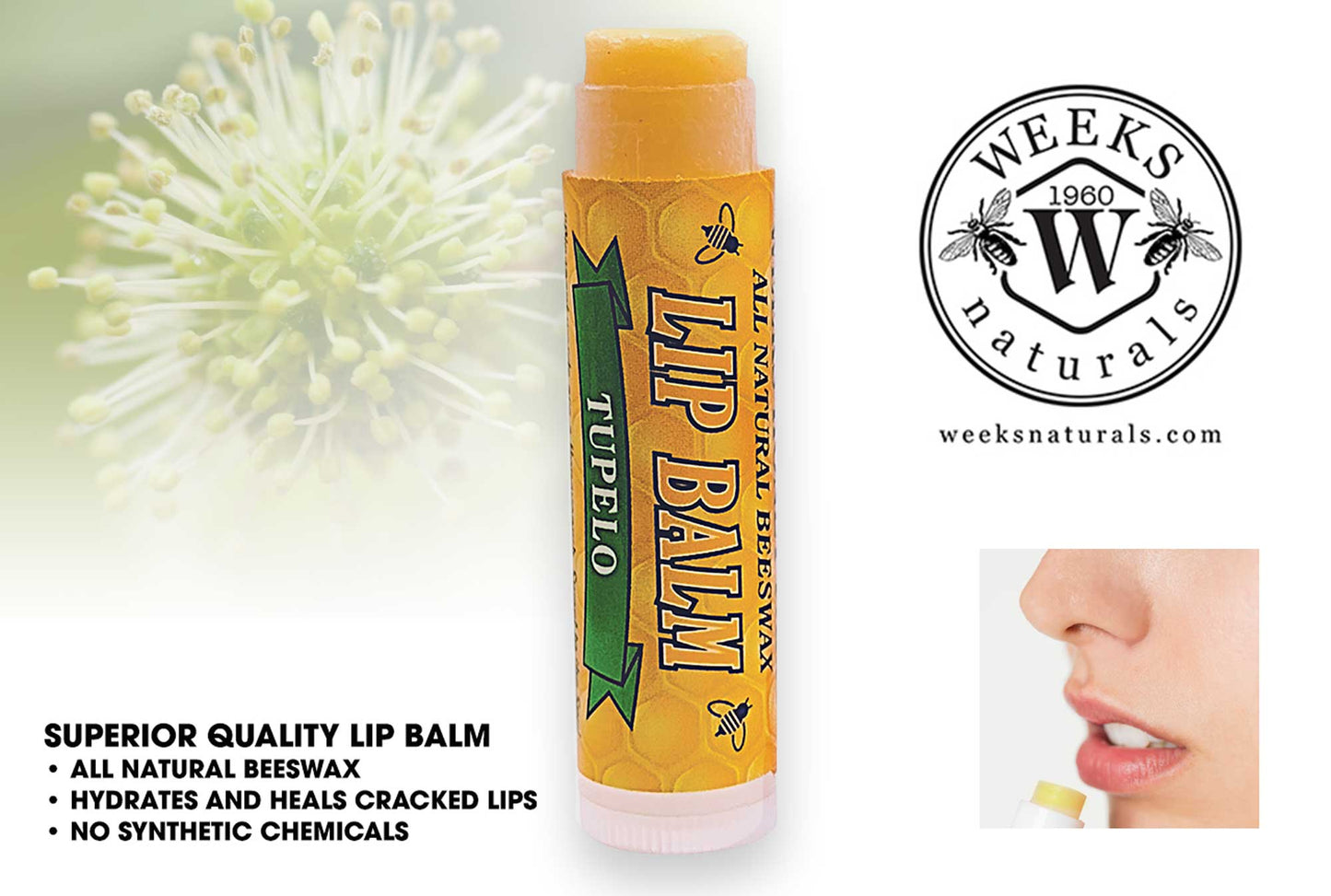 Weeks Honey Farm Beeswax Lip Balm with Coconut Pie flavor, natural lip balm in singles, twin packs, and cases.