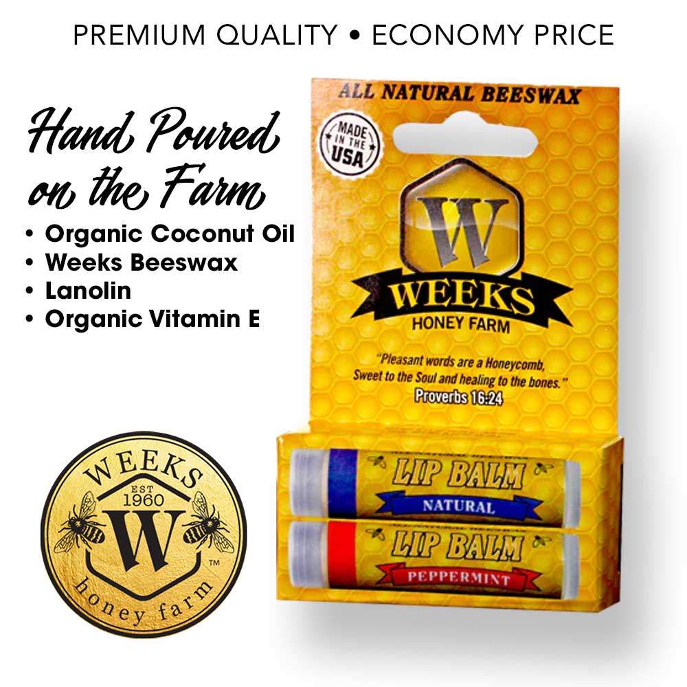 Weeks Honey Farm beeswax lip balm in coconut pie flavor, shown in single, twin pack, and case packaging.