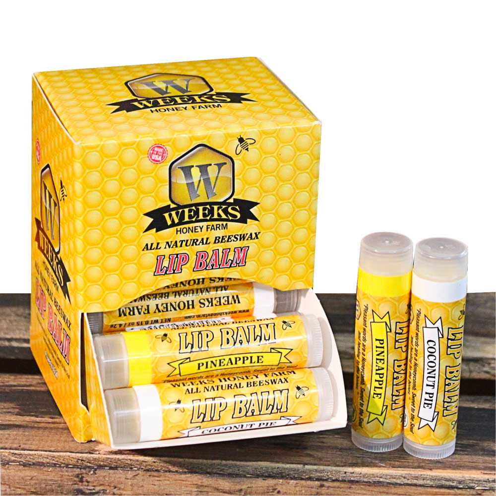 Weeks Honey Farm beeswax lip balm in coconut pie flavor, shown as a single balm with natural packaging.