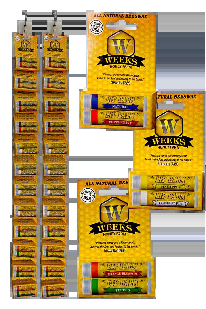 Weeks Honey Farm beeswax lip balm in coconut pie flavor, shown in single, twin pack, and case packaging.