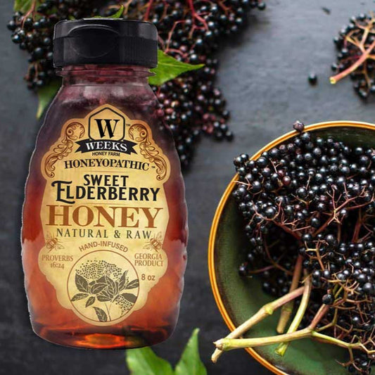 Weeks Honey Farm Reishi Mushroom honey supplement bottle, 8 oz, premium vitamins and wellness supplement for health.