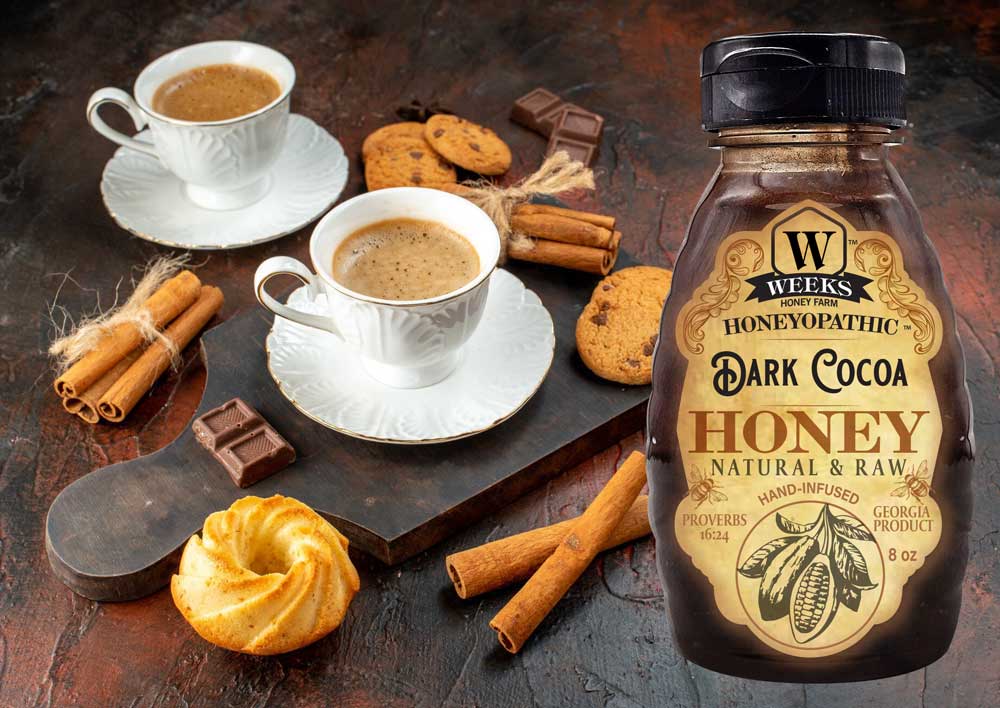Weeks Honey Farm premium honey supplement with reishi mushroom in an 8 oz jar for health and wellness.