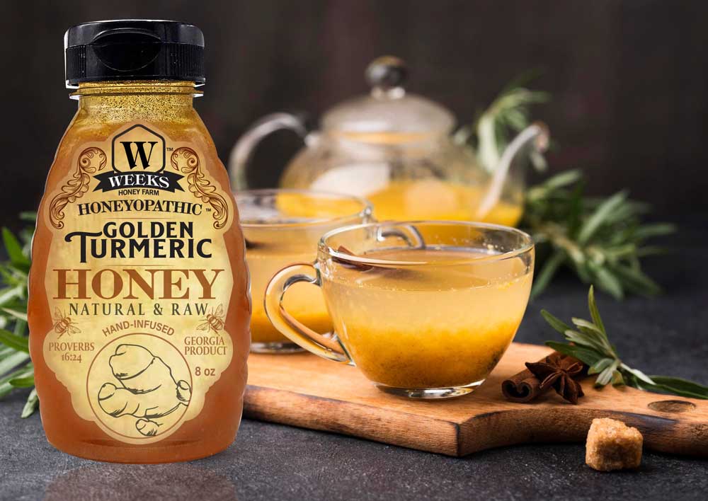 Weeks Honey Farm Reishi Mushroom honey supplement in an 8 oz jar, promoting health and wellness with premium honey and herbal blend.