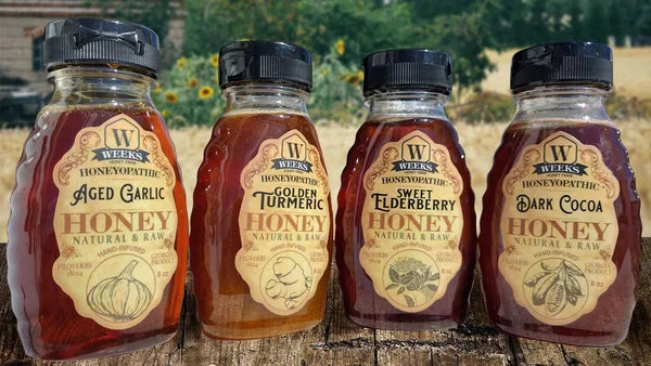 Weeks Honey Farm Reishi Mushroom honey supplement in an 8 oz jar, promoting health and wellness with natural honey and reishi mushrooms.