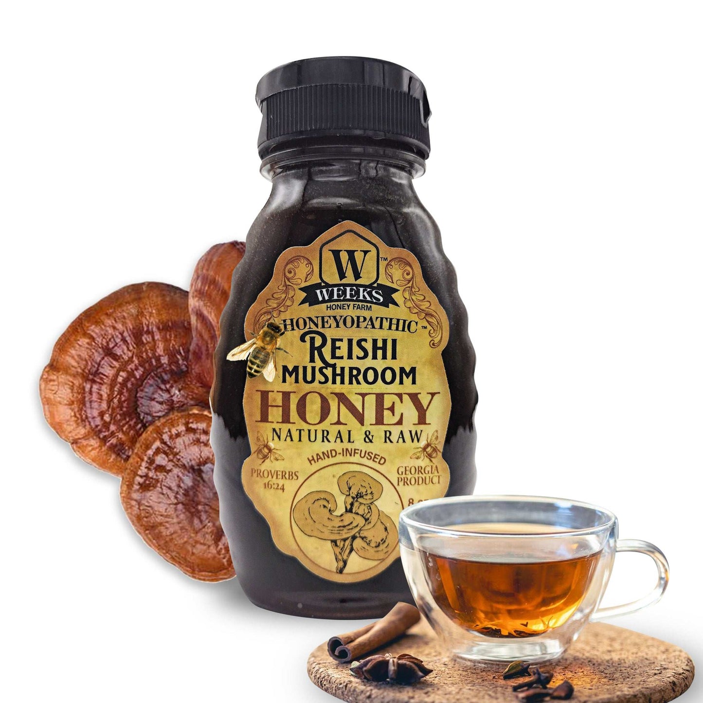Weeks Honey Farm Reishi Mushroom honey supplement in an 8 oz jar, promoting health and wellness with natural honey and reishi mushroom.