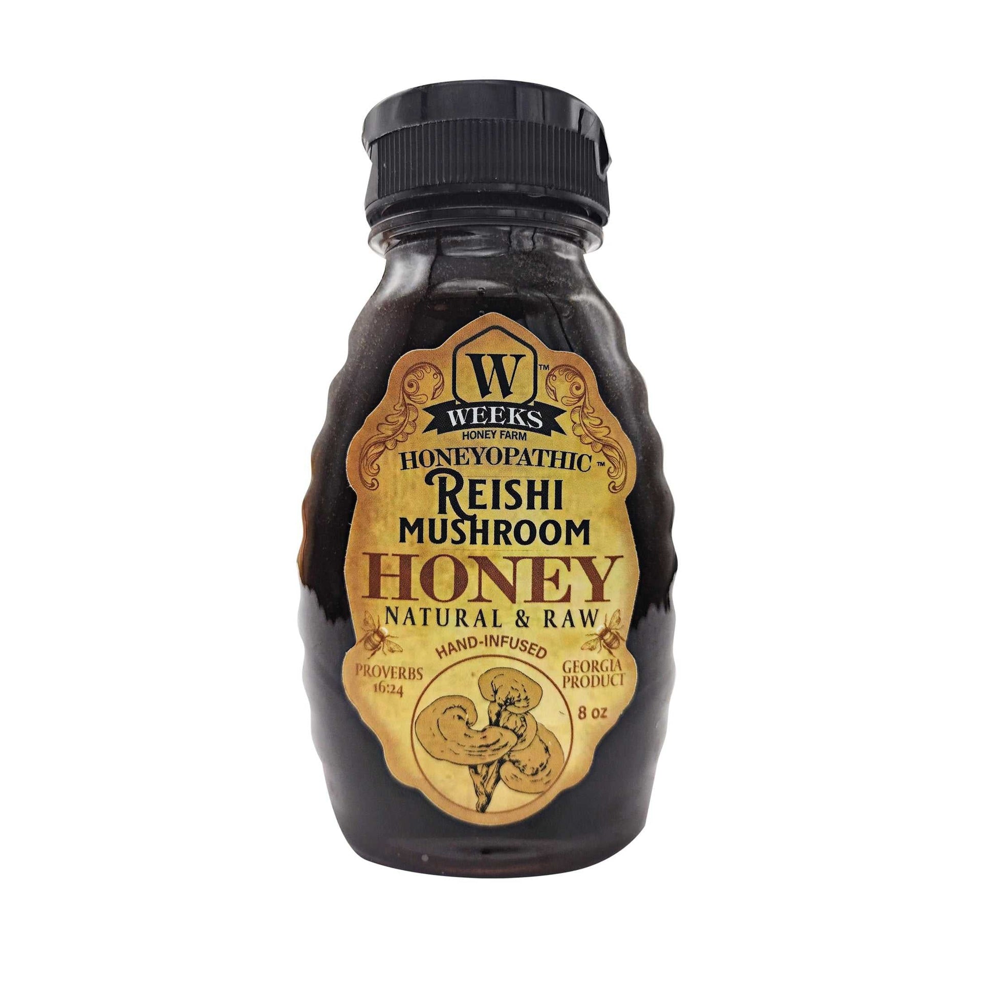 Weeks Honey Farm Reishi Mushroom honey supplement in an 8 oz jar, promoting health and wellness with premium honey and mushroom extract.
