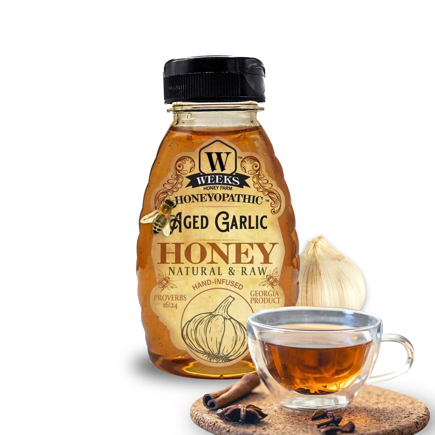 Weeks Honey Farm reishi mushroom honey supplement bottle, 8 oz jar for health and wellness, natural vitamins and supplements.