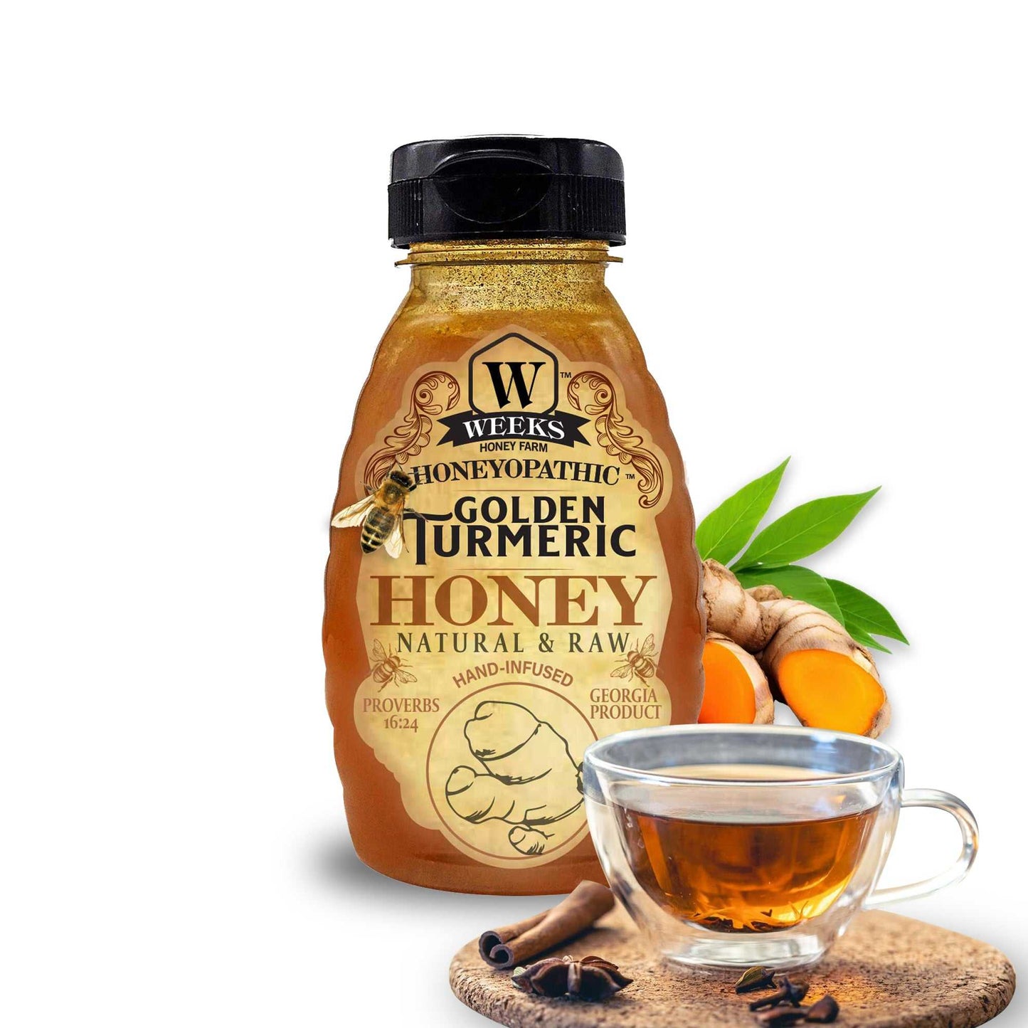 Weeks Honey Farm Reishi Mushroom honey supplement in an 8 oz jar, promoting health and wellness with premium honey and mushroom extract.