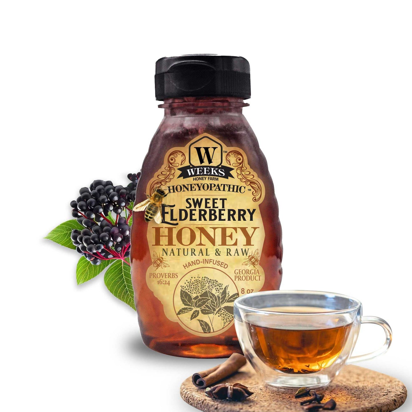 Weeks Honey Farm Reishi Mushroom honey supplement bottle, 8 oz, natural vitamins and wellness product for health support.