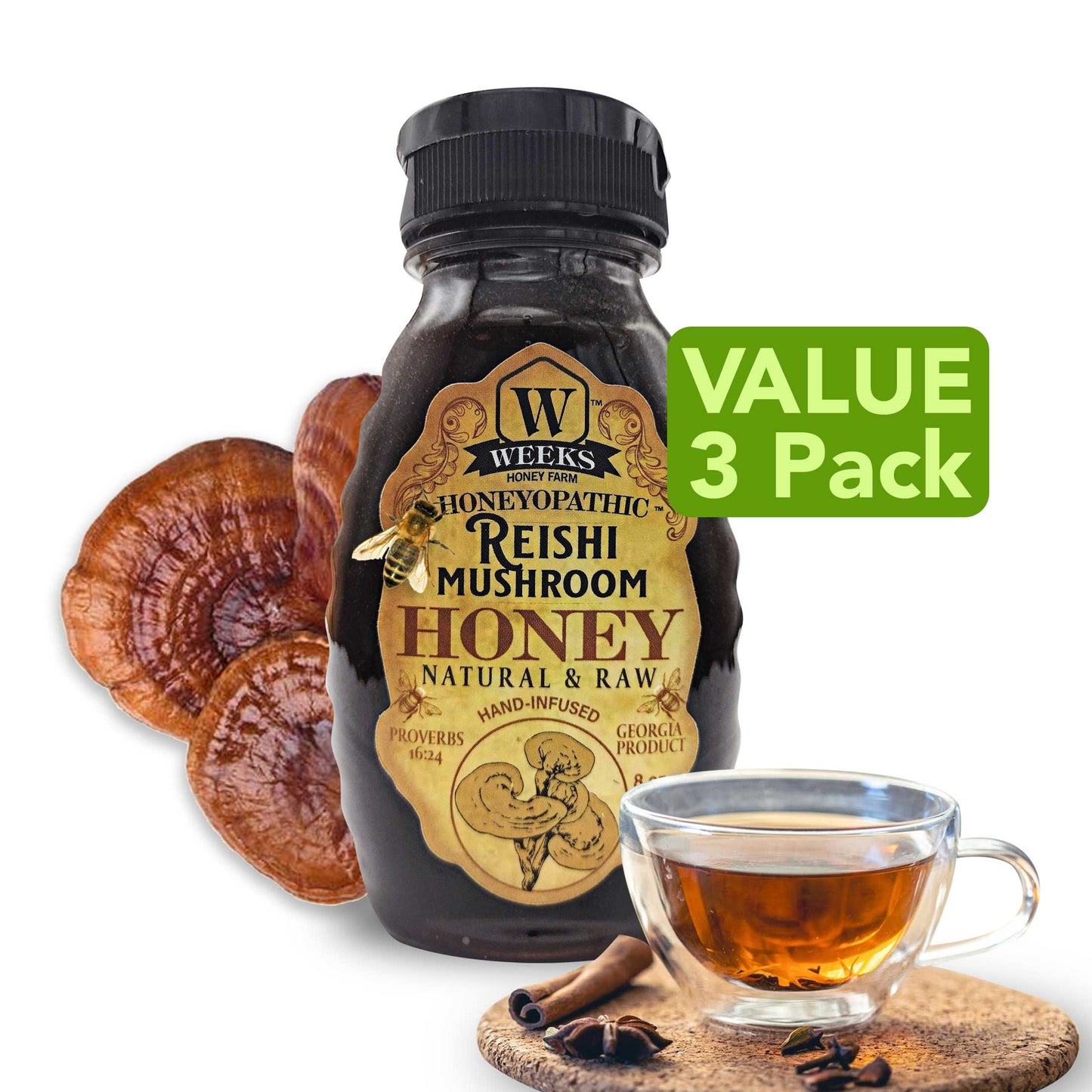 Weeks Honey Farm Reishi Mushroom honey supplement in an 8 oz jar, promoting health and wellness with premium honey and herbal ingredients.