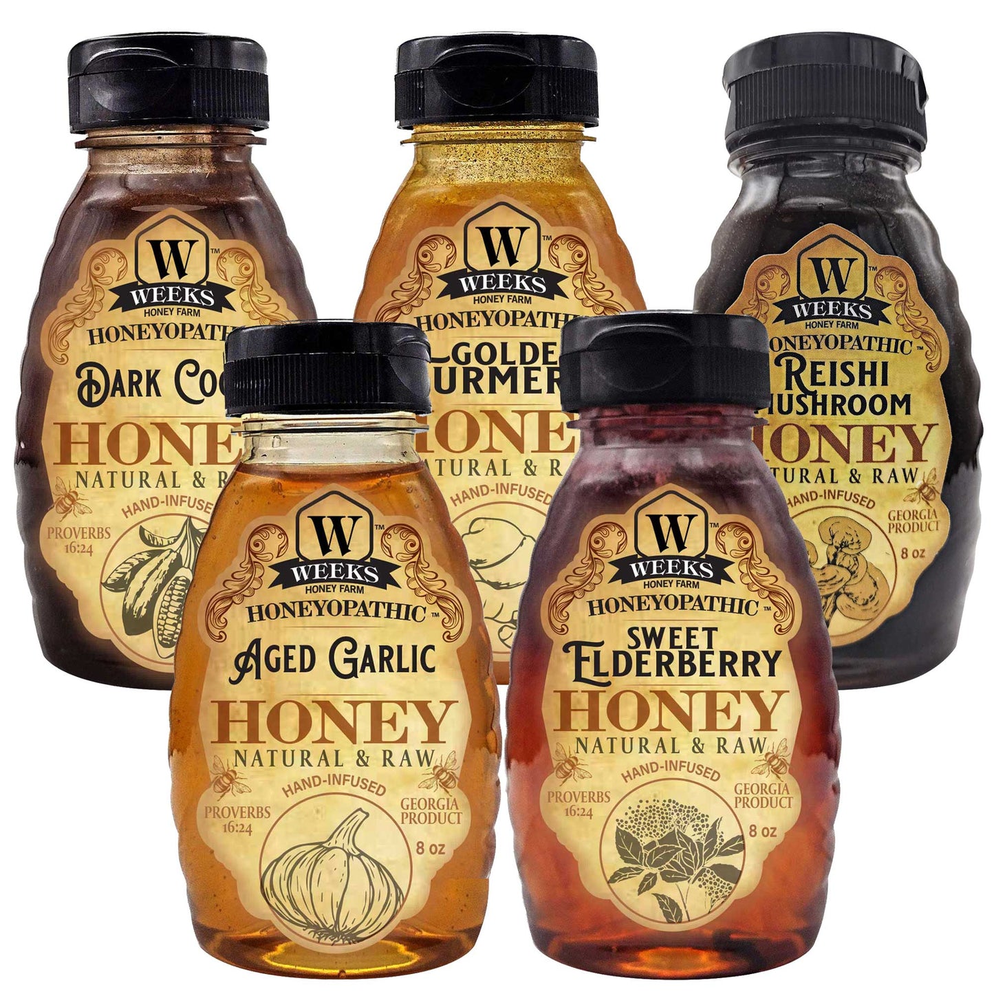 Weeks Honey Farm premium honey supplement with reishi mushroom in an 8 oz jar for health and wellness.