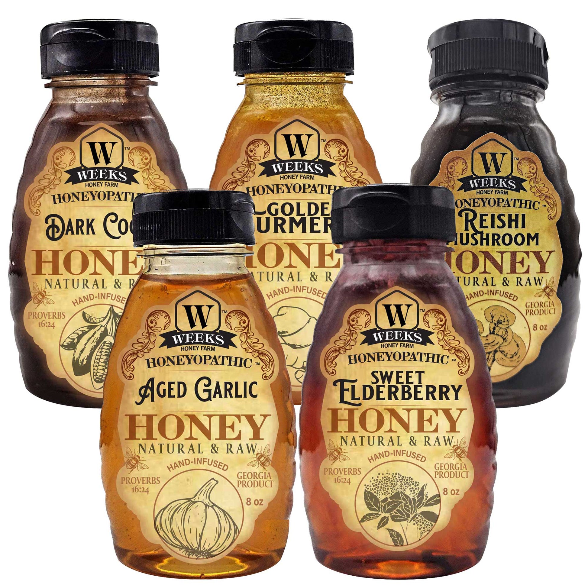 Weeks Honey Farm premium honey supplement with reishi mushroom in an 8 oz jar for health and wellness.