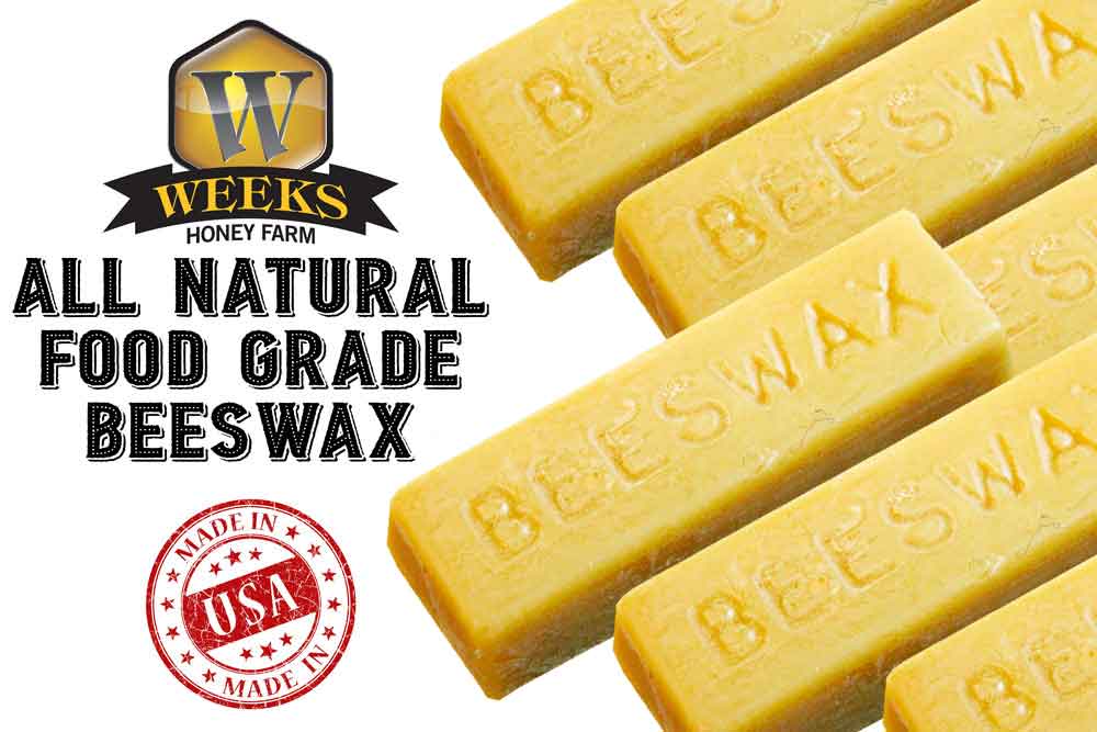 Small 1 oz bar of Weeks All-Natural Food Grade Beeswax from Weeks Naturals, showcasing natural beeswax with a smooth, golden appearance.