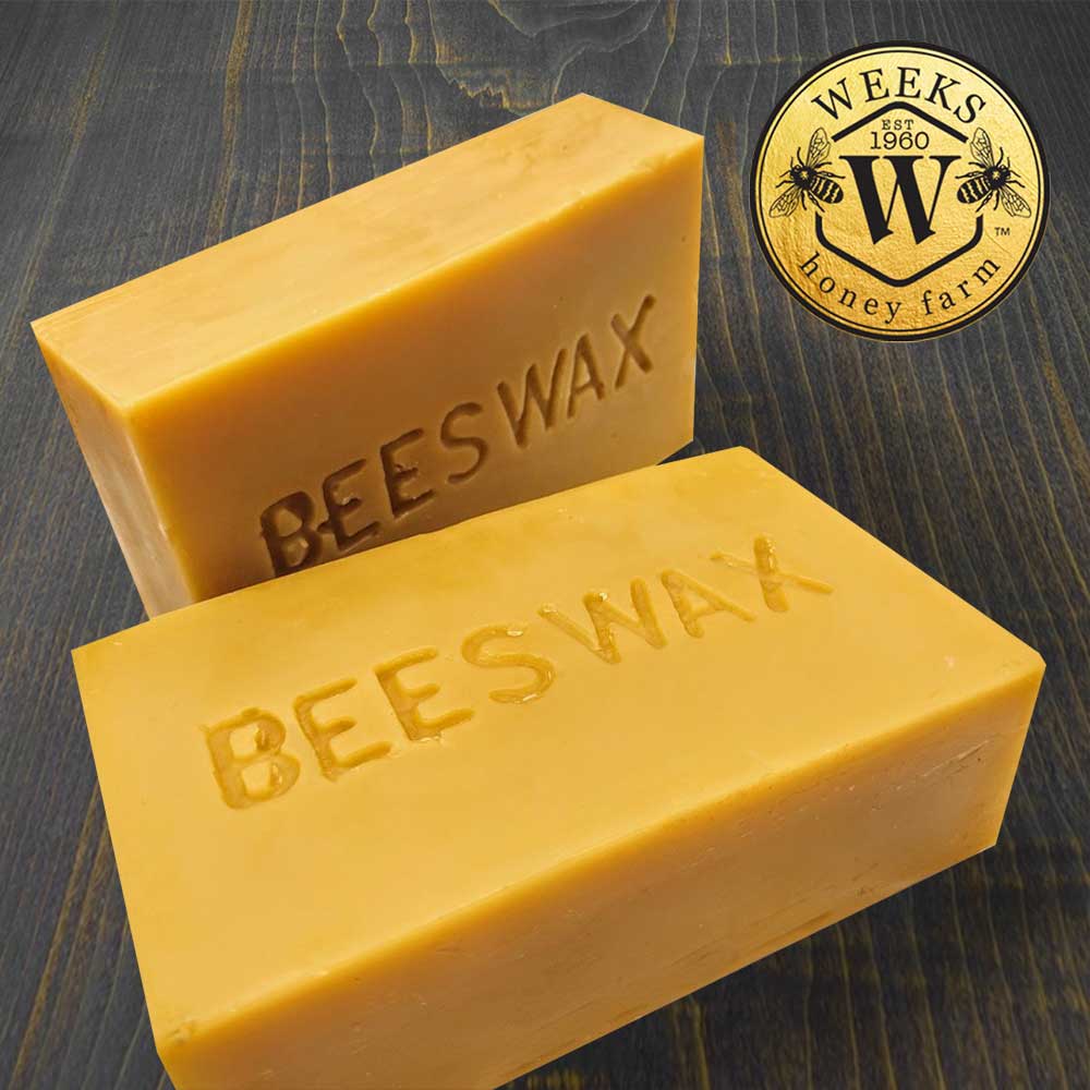 All-natural food grade beeswax bar from Weeks Naturals, honey farm, with golden wax texture and branding.