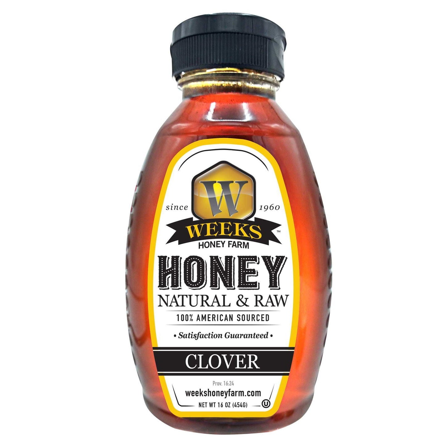 Raw clover honey from Weeks Naturals, 12-ounce jar, showcasing golden honey with a honey dipper.