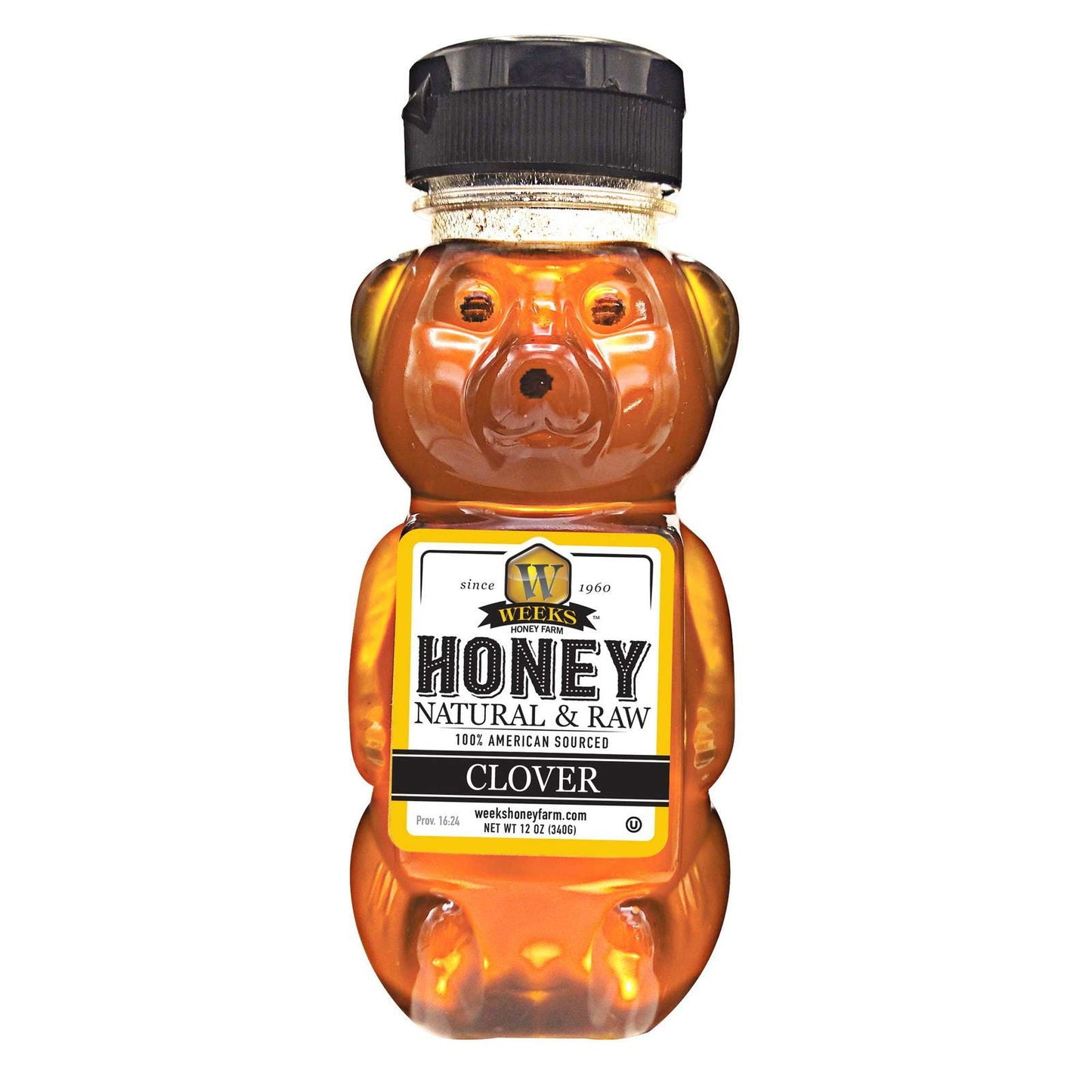 12-ounce jar of Weeks Naturals pure raw clover honey, showcasing golden honey in a clear glass jar.