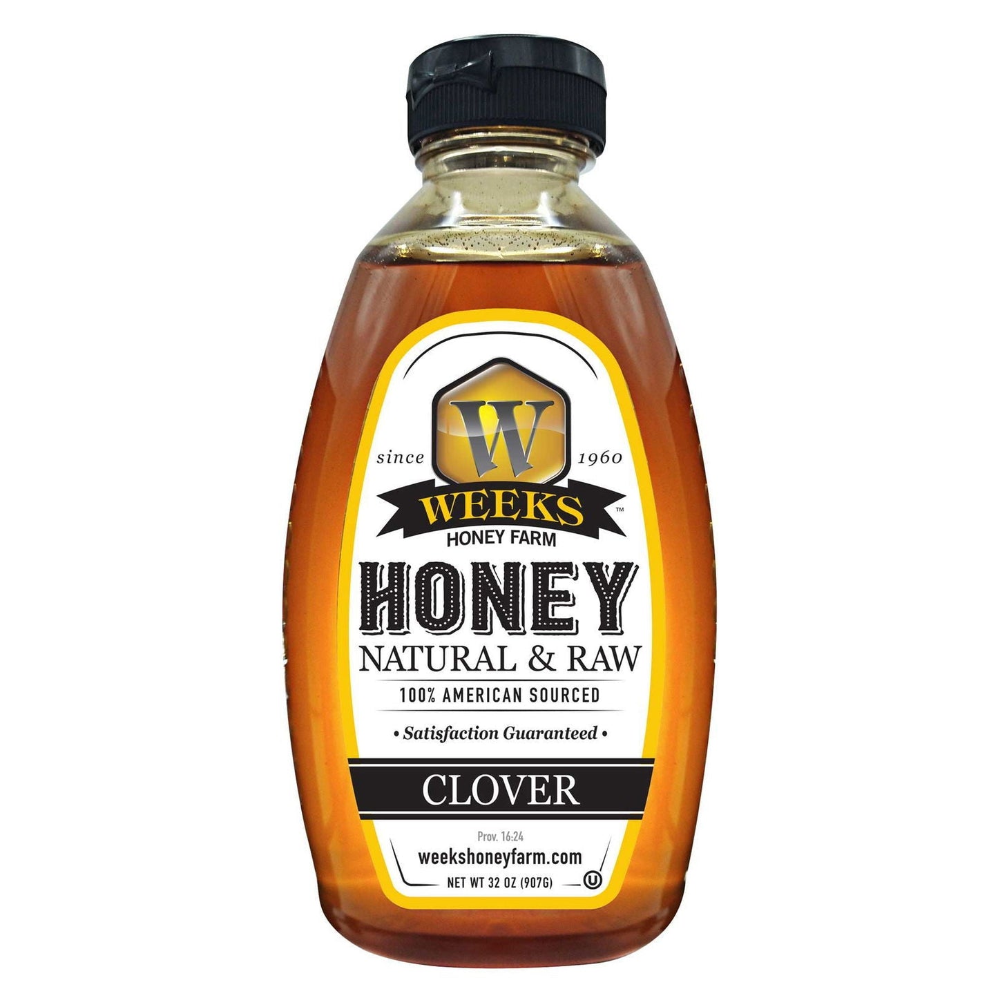 Jar of Weeks Naturals pure raw clover honey from Weeks Honey Farm, showcasing golden honey in a clear glass jar.