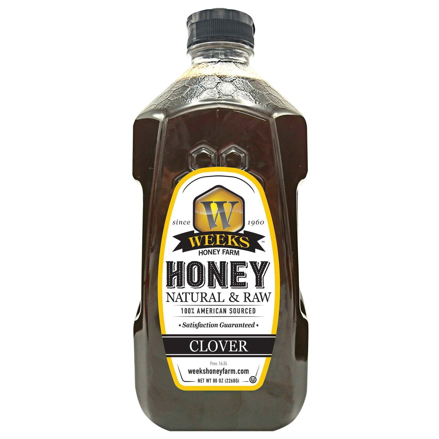 Glass jar of Weeks Naturals raw clover honey with a golden hue, labeled as our best all-natural pure honey from Weeks Honey Farm.