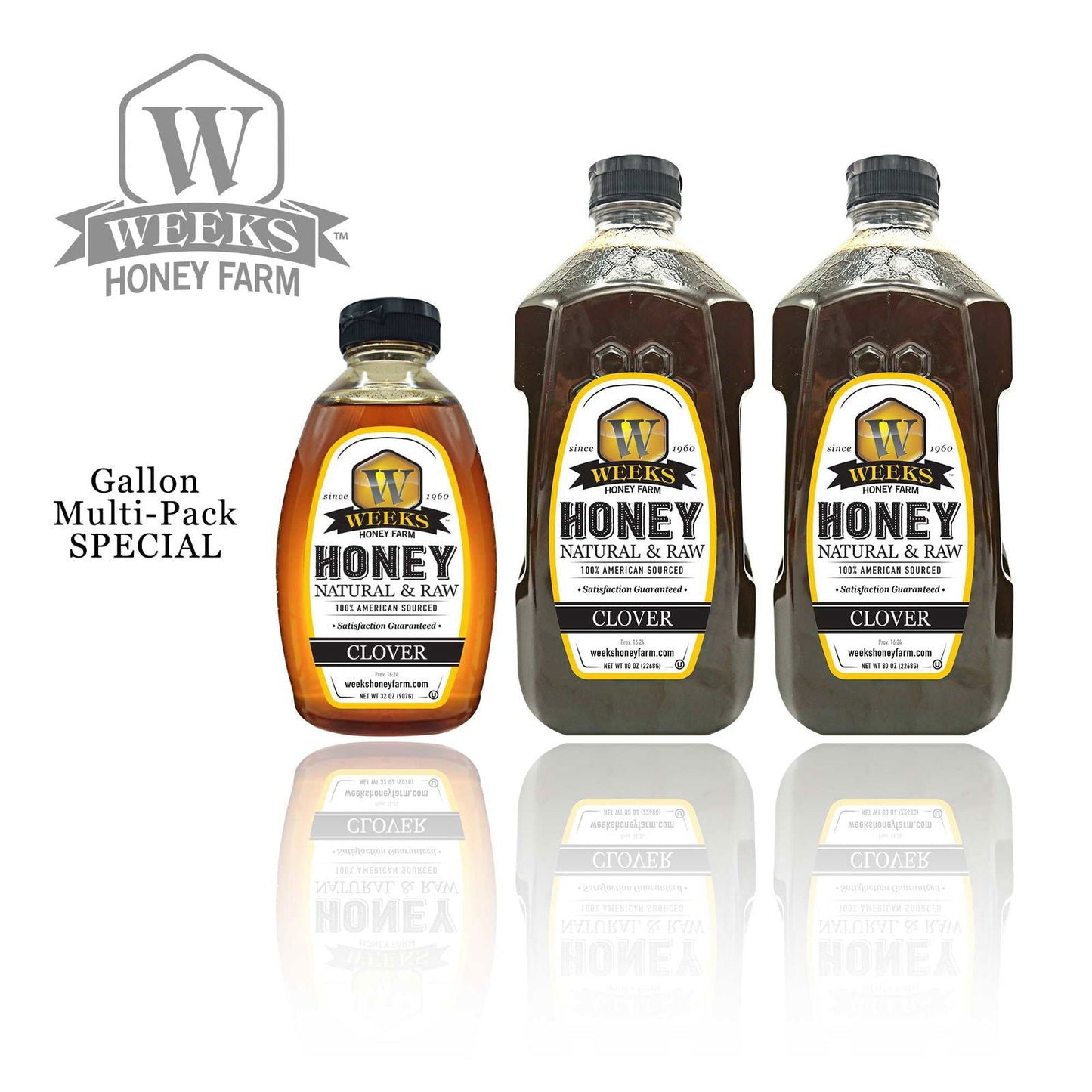 Jar of Weeks Naturals raw clover honey showing golden honey with a honey dipper on a wooden surface.