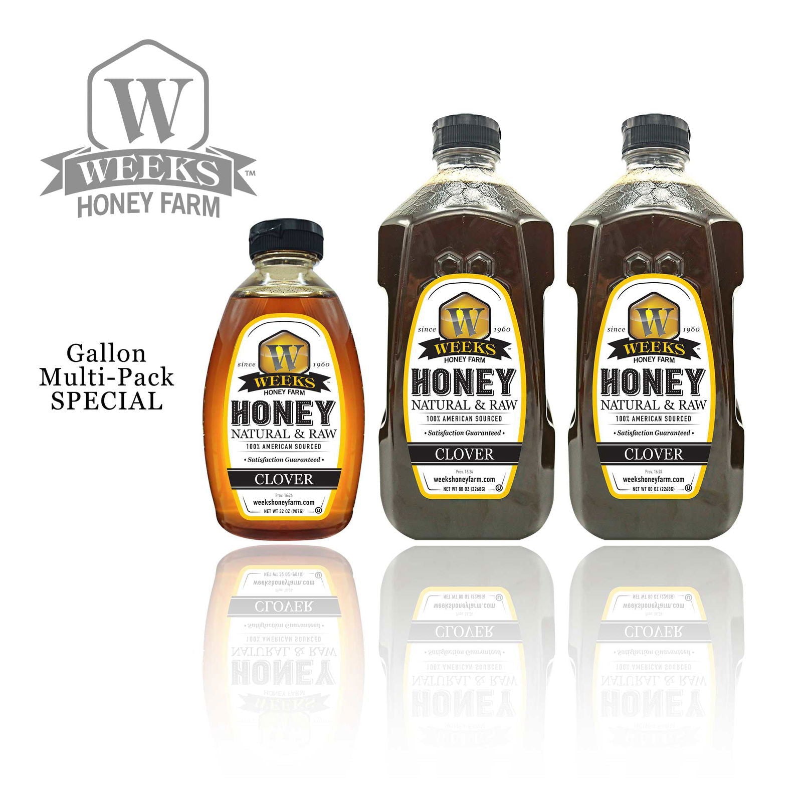 Jar of Weeks Naturals raw clover honey showing golden honey with a honey dipper on a wooden surface.