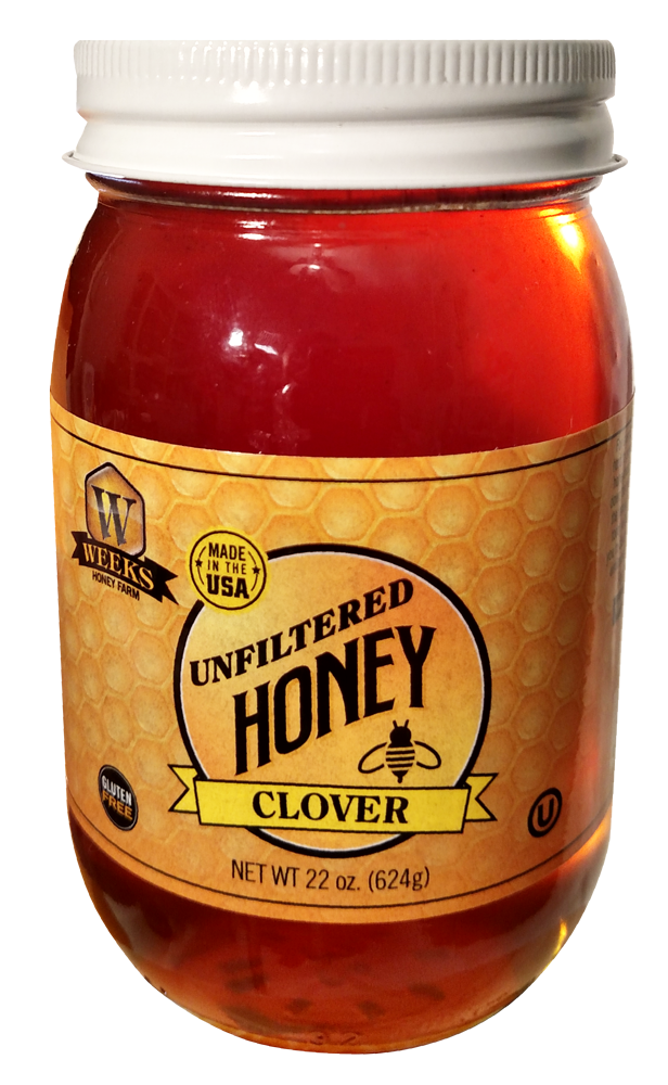 Jar of Weeks Naturals pure raw clover honey from Weeks Honey Farm, showing golden honey in a glass jar.
