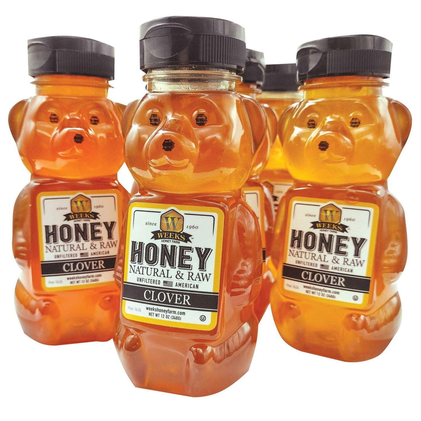 Jar of Weeks Naturals Pure Raw Clover Honey with a honey dipper, showcasing golden honey in a glass jar on a wooden surface.
