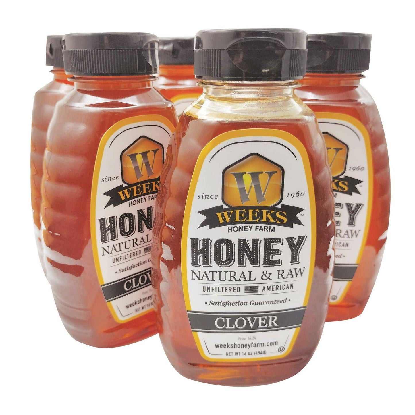 Jar of Weeks Naturals pure raw clover honey showing golden honey with a natural honey dipper.