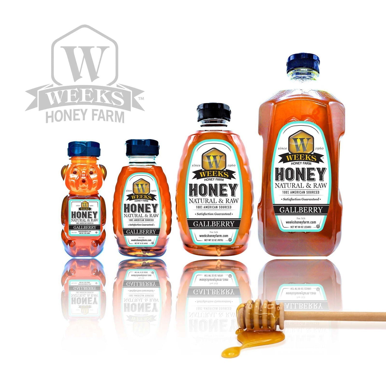 12-ounce jar of Weeks Naturals raw Gallberry Honey from Weeks Honey Farm, showcasing golden, natural honey with a smooth texture.