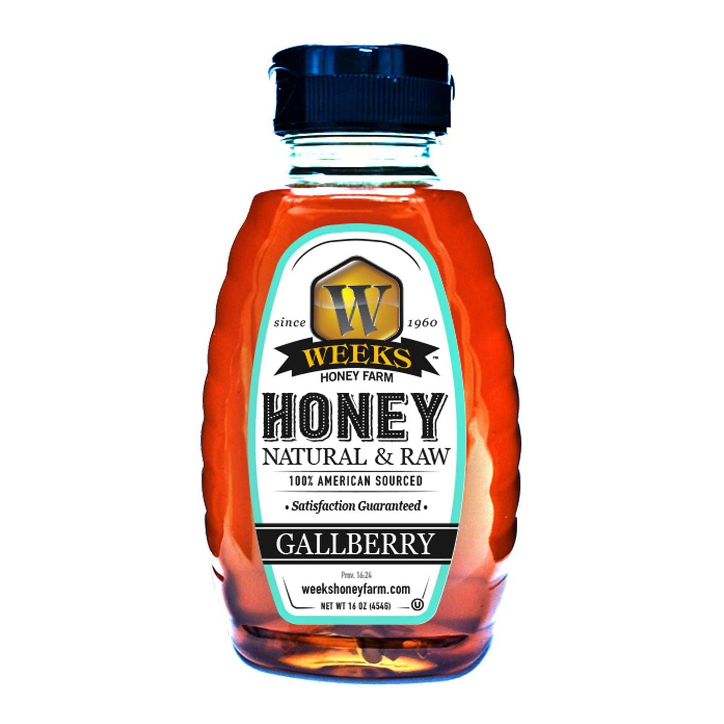 12-ounce jar of Weeks Naturals Gallberry Honey, all-natural and raw honey from Weeks Honey Farm, shown in a clear glass jar.