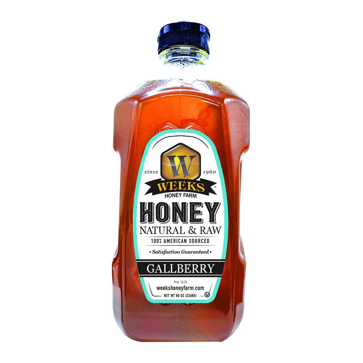 Jar of Weeks Naturals Gallberry Honey from Weeks Honey Farm, 12-ounce, showcasing raw, all-natural honey with rich golden color.