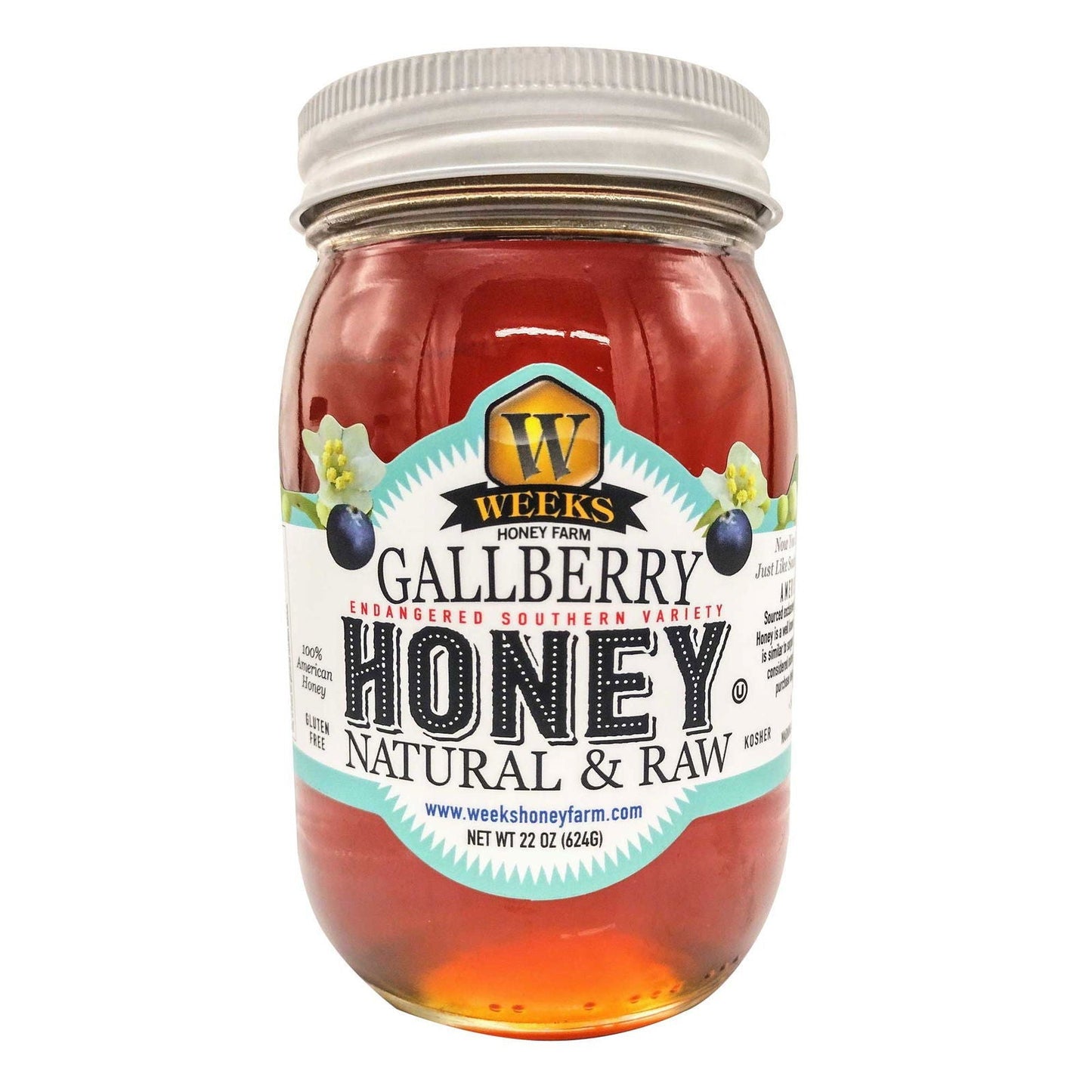 Jar of Weeks Naturals raw Gallberry honey from Weeks Honey Farm, showcasing the natural golden honey in a 12-ounce container.