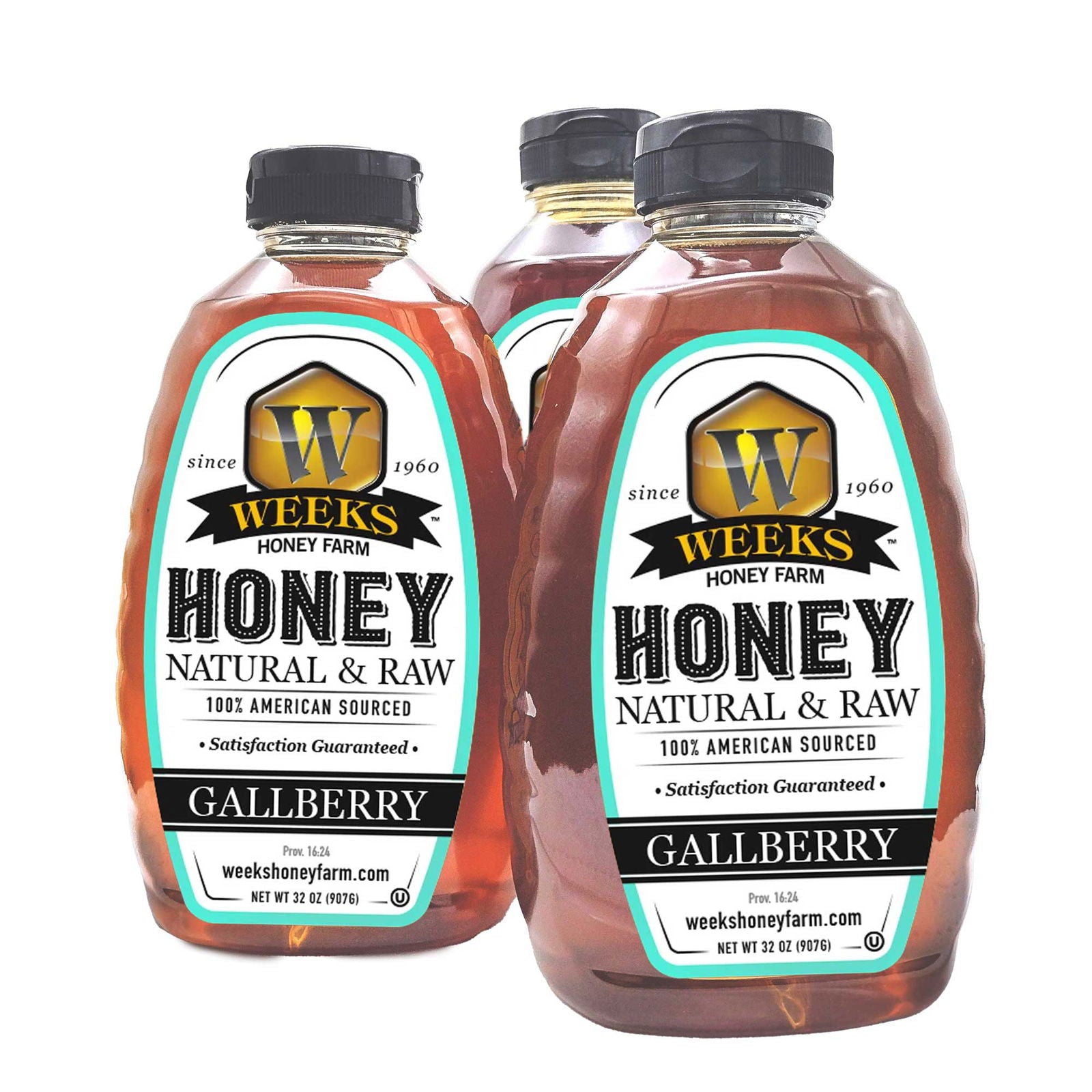 12-ounce jar of Weeks Naturals pure raw Gallberry honey, showcasing golden, thick honey from the Weeks Honey Farm.