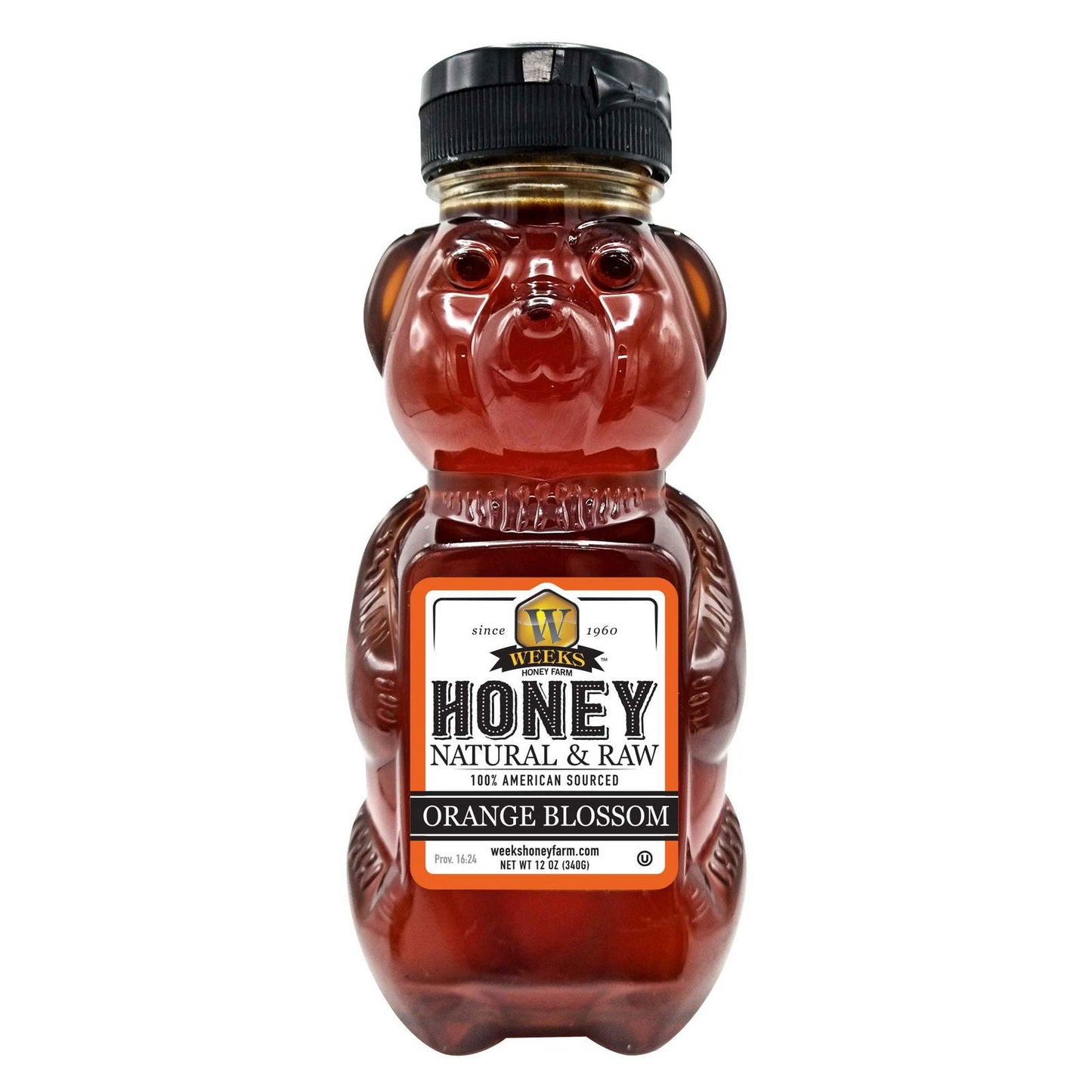 Jar of Weeks Naturals all-natural pure raw orange blossom honey from Weeks Honey Farm, 12 ounces, with golden honey visible inside.
